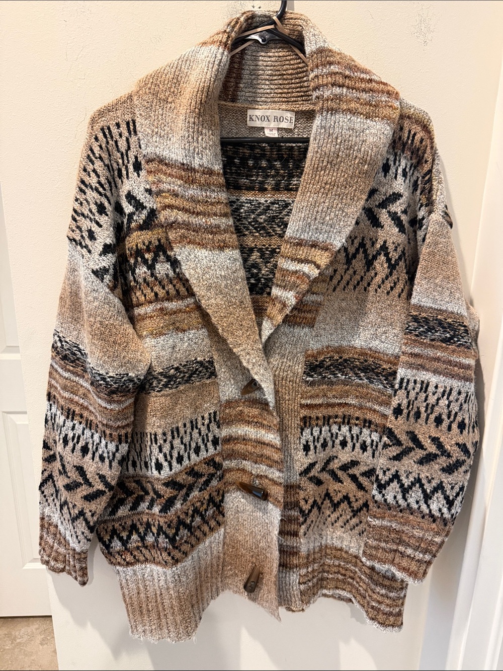 Knox Rose Shawl Collar Cardigan in Brown Cream Multi-Pattern Aztec Western sizeM